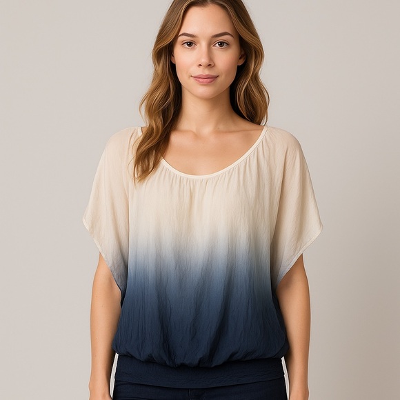 Boho Ombre 100% Silk Guisy Made in Italy Batwing Blouse Dressy Business Casual - Picture 1 of 11